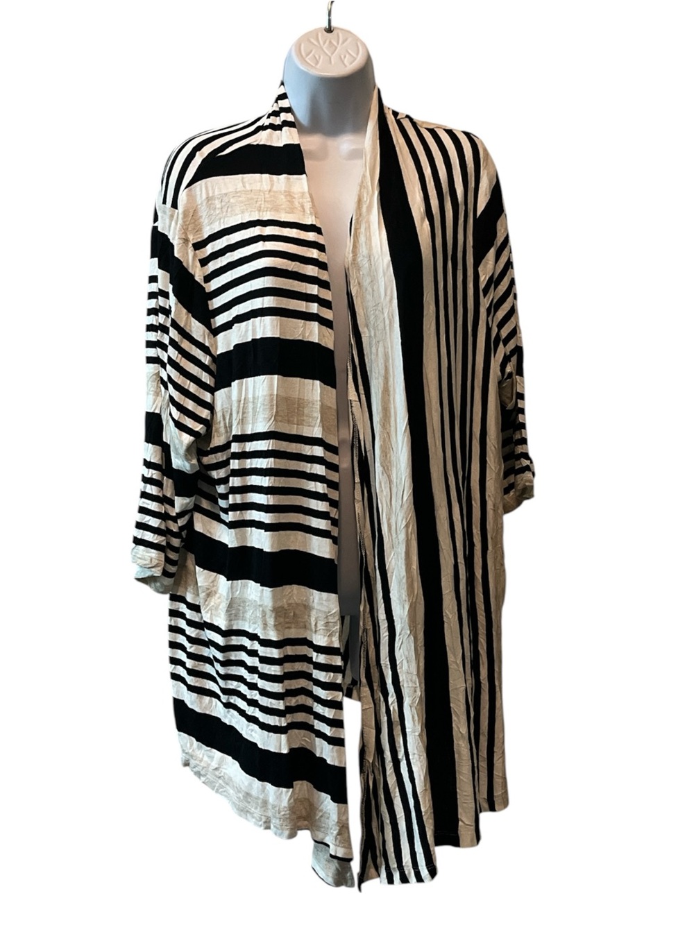 Catherines Black & White Striped Open-Front Kimono